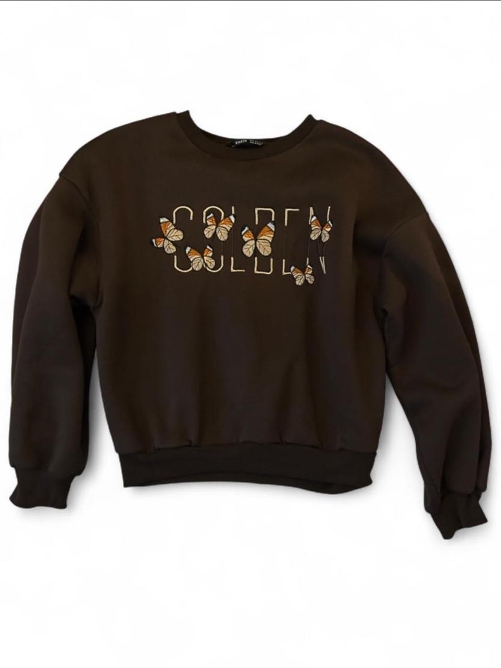SHEIN Brown Crewneck Sweater with Butterfly Graphic